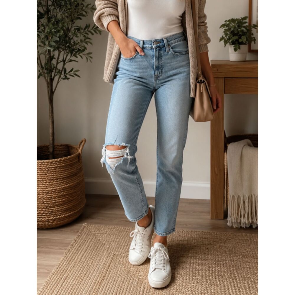 Madewell Perfect Vintage Jean 26 High Rise Light Wash Distressed Straight Jeans
